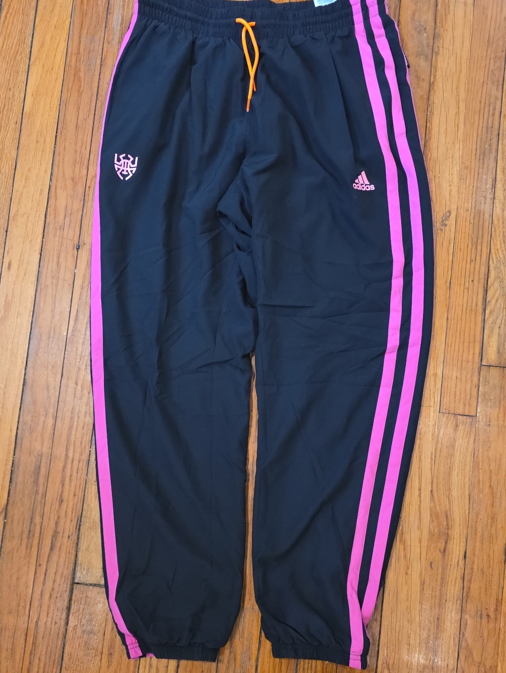 adidas Black Joggers with Pink Stripes and Orange Drawcord